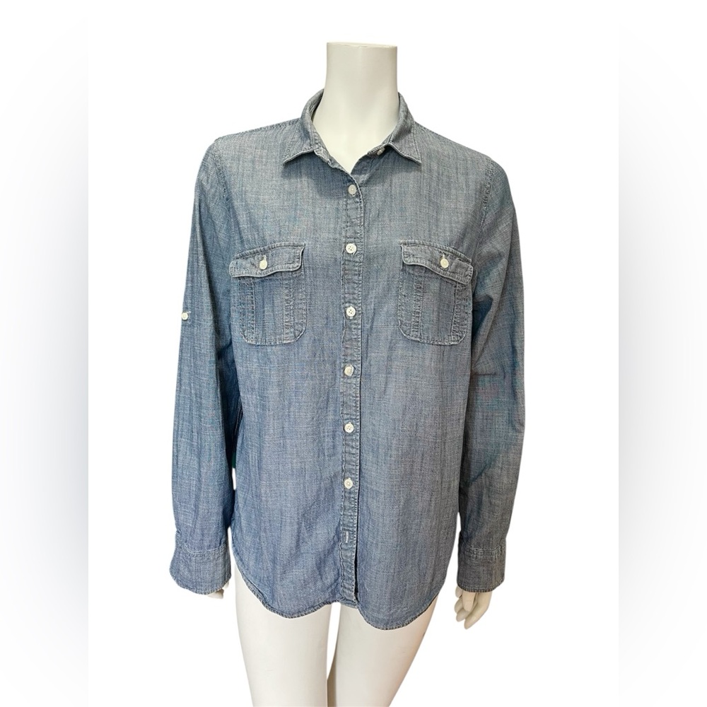 J.CREW The Perfect Shirt Chambray Denim Tab Sleeve Button Up Shirt Size Large